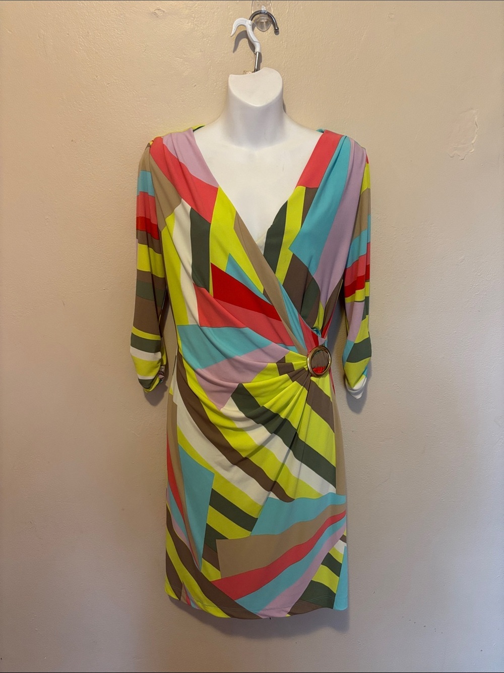 Tahari Multi-Color Geometric Wrap Dress with Ring Accent
